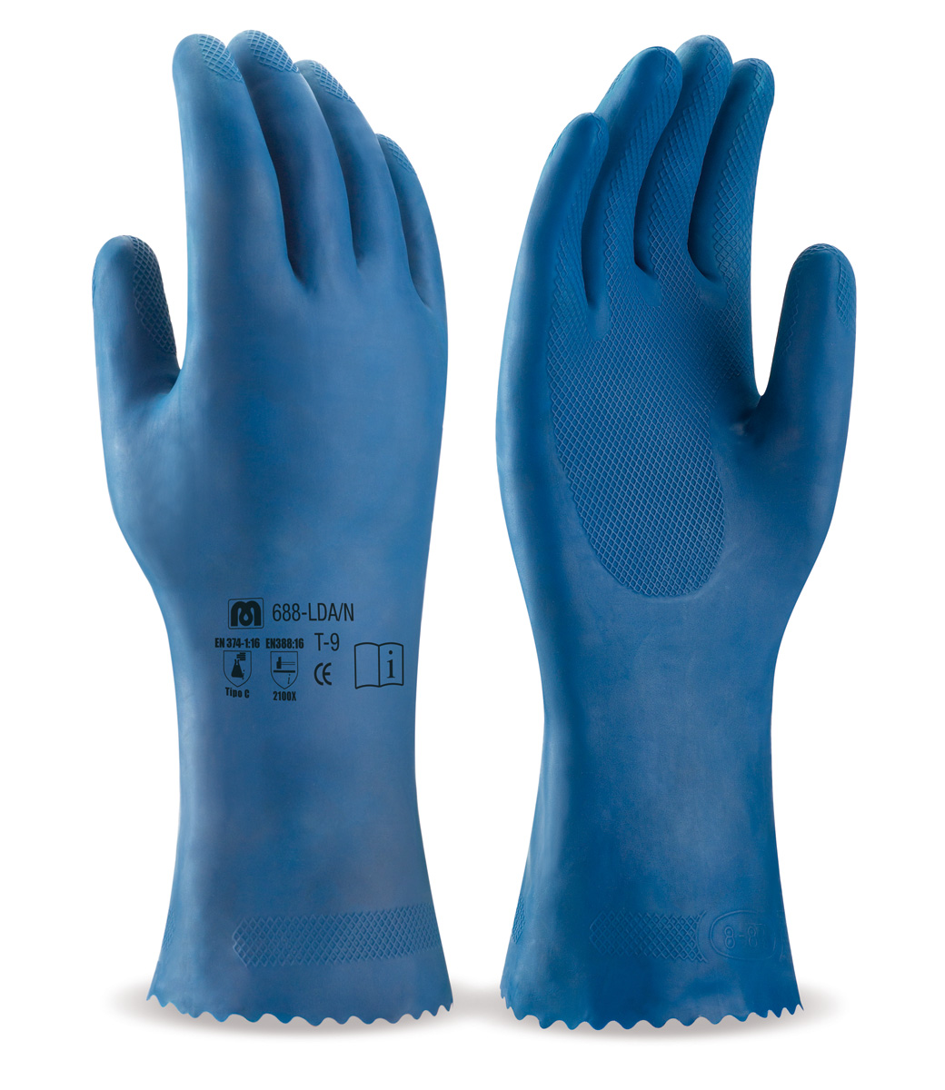 Guante tipo doméstico de látex en color azul para riesgos químicos y microorganismos. Aplicaciones: Protección Mecánica y Protección Química. Interior satinado y recomendado para la industria agroalimentaria, manipulación y fabricación de alimentos relacionados con la carne, el pescado, las frutas y los lácteos, tareas domésticas (lavado), limpieza, laboratorios y mantenimiento en general.
Características y ventajas: 
El látex es una sustancia natural que le proporciona un alto nivel de confort por su elevada flexibilidad, a la vez que otorga un excelente agarre y resistencia a la abrasión.
Color azul especialmente indicado para industria agroalimentaria.
Excelente grip tipo diamante antideslizante que proporciona un excelente agarre en condiciones húmedas y abrasivas.
Espesor: 0,45 mm. Longitud: 30 cm. 
Tallas: 7, 8, 9