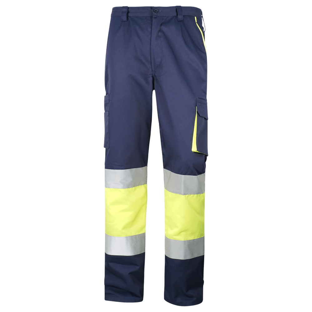 Pantalón multibolsillos combinado en Alta Visibilidad. Bolsillos franceses en costados con presillas anti-desgarro, con contraste vivos AV. Bolsillos traseros de parche con tapeta y velcro. Contraste vivos AV. Bolsillo de parche con cartera, velcro y fuelle contraste en lateral derecho, bolsillo portaobjetos con velcro en lateral izquierdo. Todas las costuras de la prenda reforzadas. Cintura elástica y 5 trabillas con holgura. Refuerzos en culera. Complemento tejido AV y 2 bandas reflectantes 25 ciclos en perneras. Bandas reflectantes de 7cm. Certificado EN20471:2013/A1:2016 CAT II – Clase 1. COMPOSICIÓN Peso tejido: 240 grs. Composición tejido Alta Visibilidad: 60% Algodón,40% Poliéster. Composición tejido Base: 65% Poliéster, 35% Algodón.
8 colores disponibles.
Tallas: 34 a 66