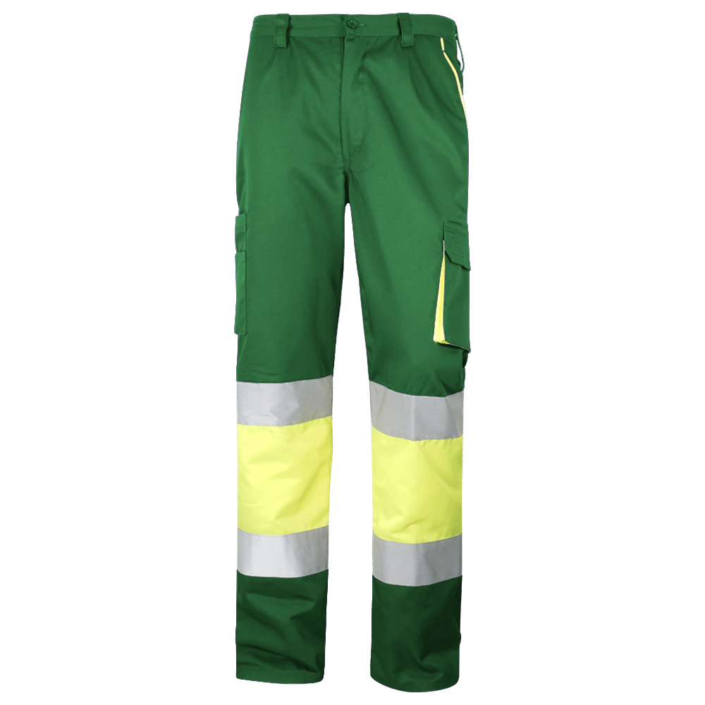 Pantalón multibolsillos forrado combinado en Alta Visibilidad. Bolsillos franceses en costados con presillas anti-desgarro, con contraste vivos AV. Bolsillos traseros de parche con tapeta y velcro. Contraste vivos AV. Bolsillo de parche con cartera, velcro y fuelle contraste en lateral derecho, bolsillo portaobjetos con velcro en lateral izquierdo. Todas las costuras de la prenda reforzadas. Cintura elástica y 5 trabillas con holgura. Refuerzos en culera. Complemento tejido AV y 2 bandas reflectantes 25 ciclos en perneras. Bandas reflectantes de 7cm. Certificado EN20471:2013/A1:2016 CAT II – Clase 1. COMPOSICIÓN Peso tejido: 240 grs. Composición tejido Alta Visibilidad: 60% Algodón,40% Poliéster. Composición tejido Base: 65% Poliéster, 35% Algodón. Composición forro: Micropolar 100% Poliester.
8 colores disponibles.
Tallas: 34 a 66