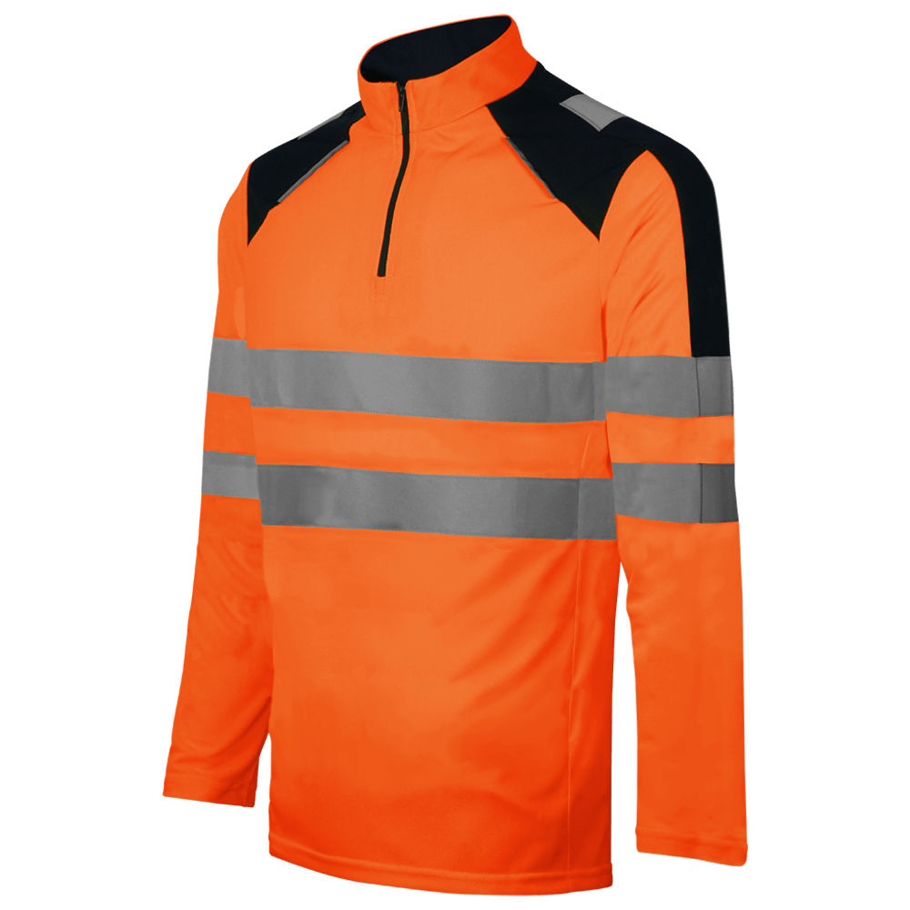 Camiseta en poliéster single jersey combinado de alta visibilidad. Manga larga. Perchado en interior. Cuello semicisne con cierre cremallera. Tejido estabilizado contra deformaciones y encogimientos excesivos. Protección antibacteriana que reduce el mal olor. Certificado EN20471:2013/A1:2016 CAT II - Clase 2. Bandas de 7 cm. Peso tejido: 180 grs, perchado interior. Composición tejido Alta Visibilidad: 100% Poliéster. Composición tejido Base: 100% Poliéster.
Colores: amarillo fluor y naranja fluor.
Tallas: XS a 3XL